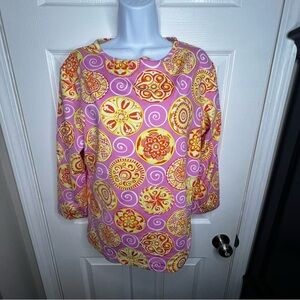 Melly M Top Women’s Large Pink Geometric Catalina Cloth 3/4 Sleeve Top L Golf